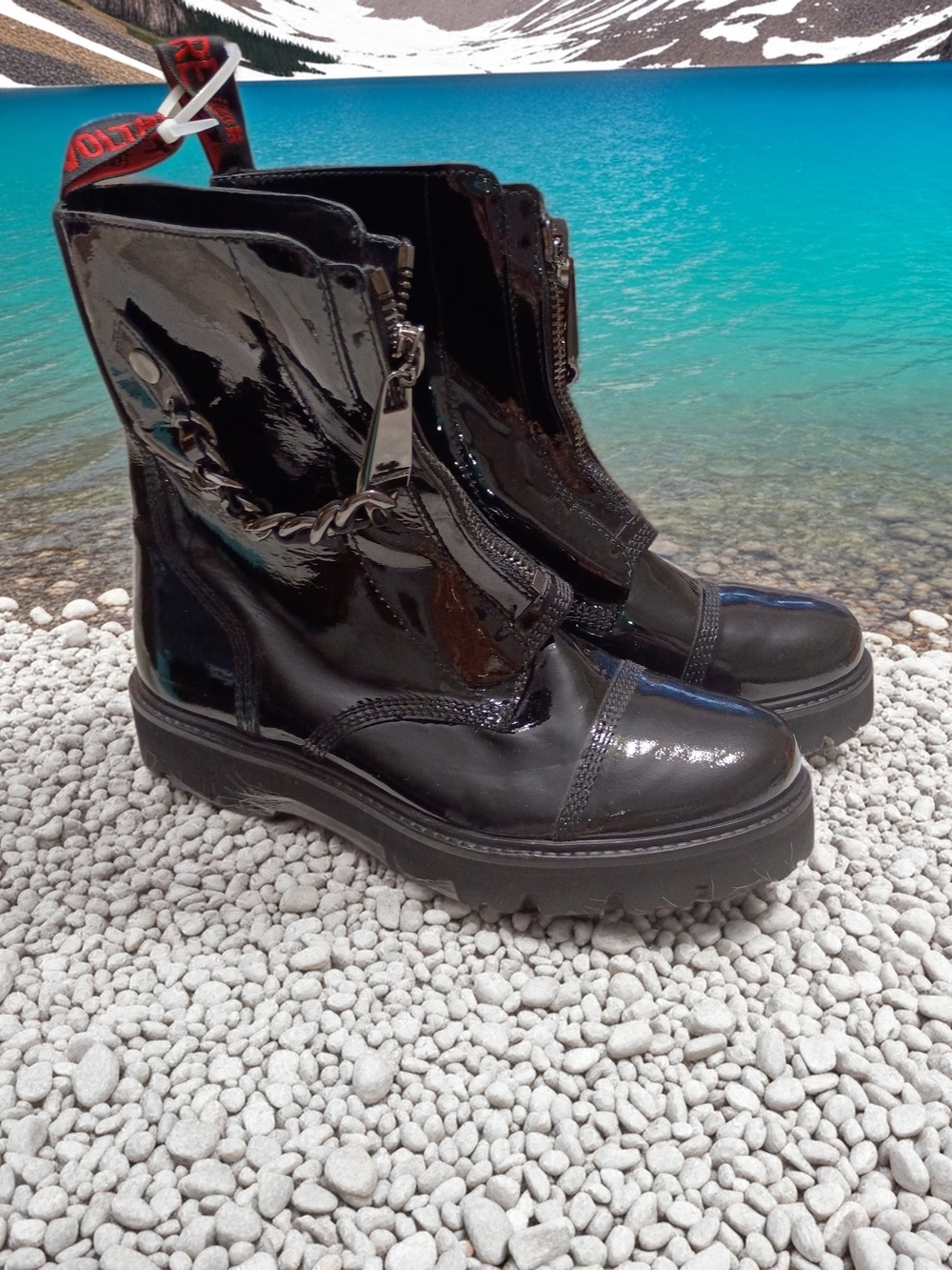 Zadig & Voltaire Joe Cecelia Black Patent Leather Combat Boots with Chain Detail